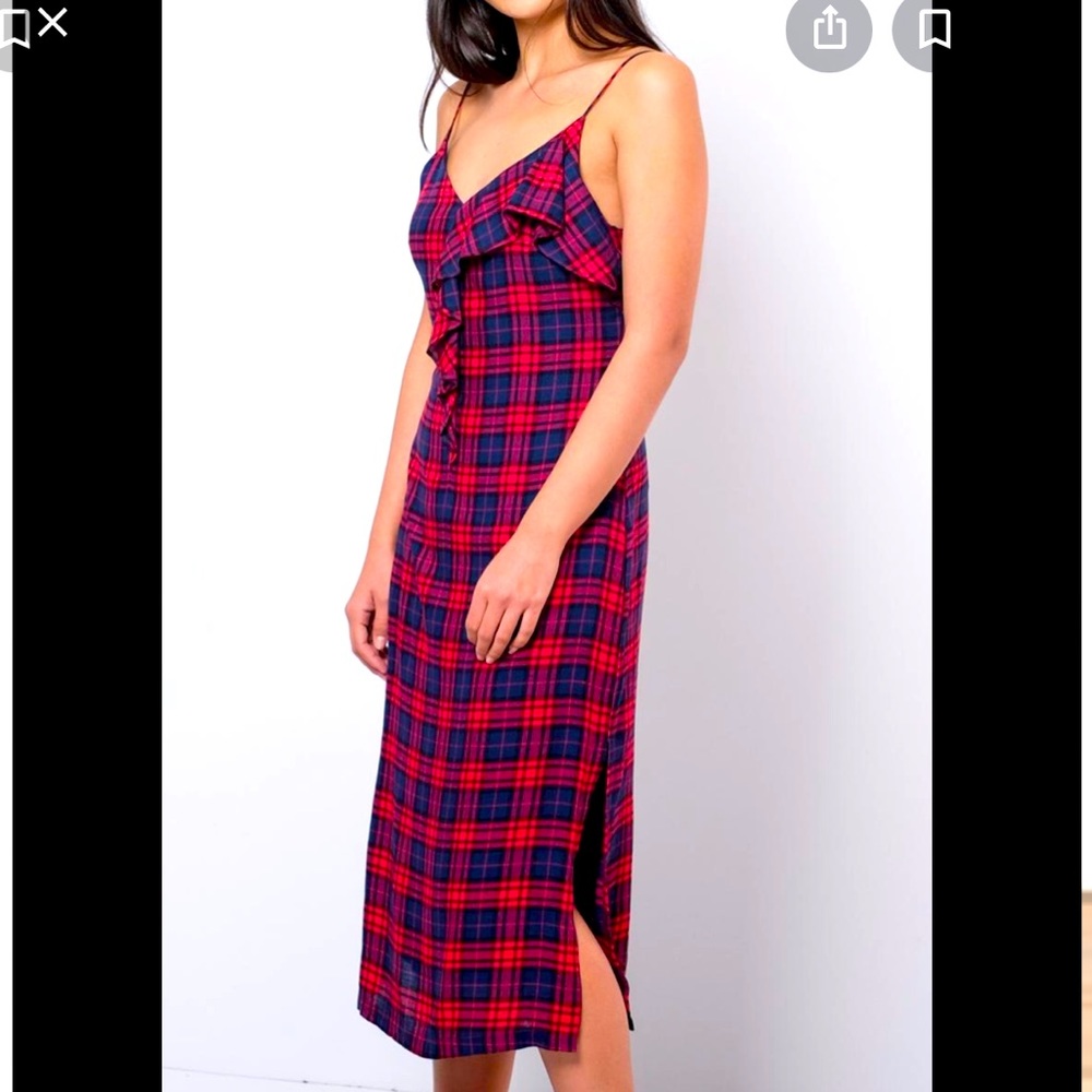 Lush Red & Blue Plaid Dress with Ruffle and Side Slit, size small